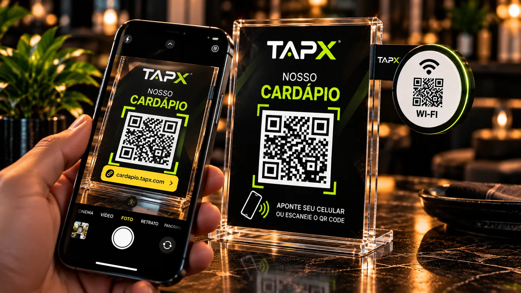 Celular lendo o QR Code do display de cardápio TAPX com botton de Wi-Fi